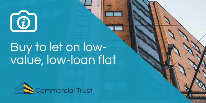 Blue banner with text saying "Buy to let on low-value low-loan flat" in front of photograph of block of flats