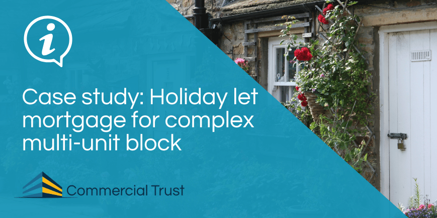 Blue banner with white text "Holiday let mortgage for complex multi-unit block" with traditional holiday cottage in background, white front door, red rose growing around it