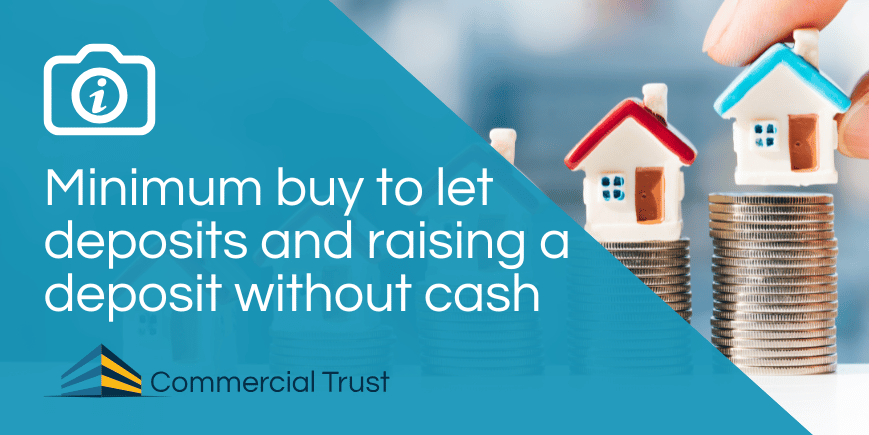 Blue banner with text "Minimum buy to let deposits and raising a deposit without cash" behind it houses stacked on coins