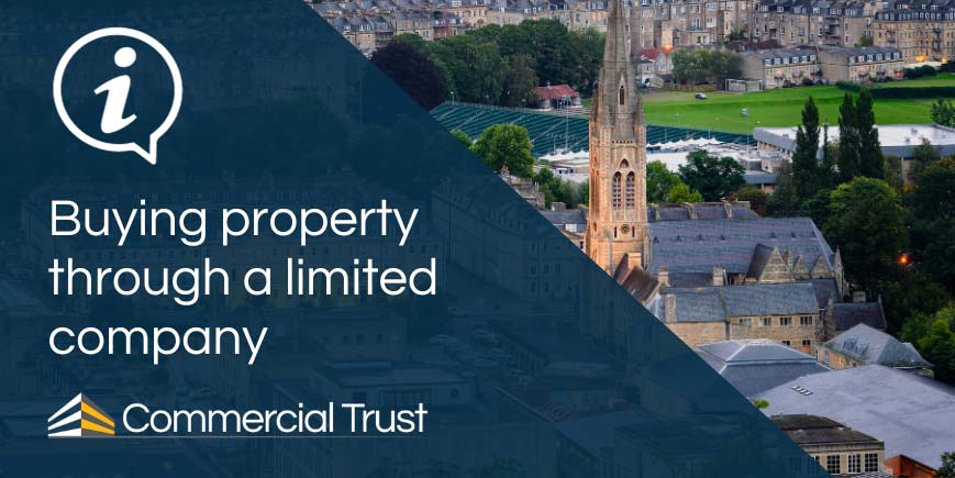 Buying property through a limited company on navy blue banner, with cityscape in background showing commercial and residential properties