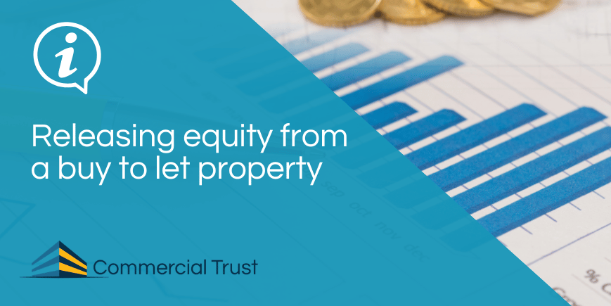 Blue banner with text "Releasing equity from a buy to let property" behind which is a graph and some coins