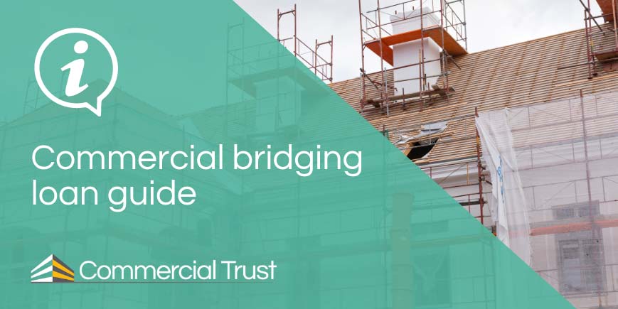 Commercial bridging loan guide banner in front of a house with scaffolding covering it