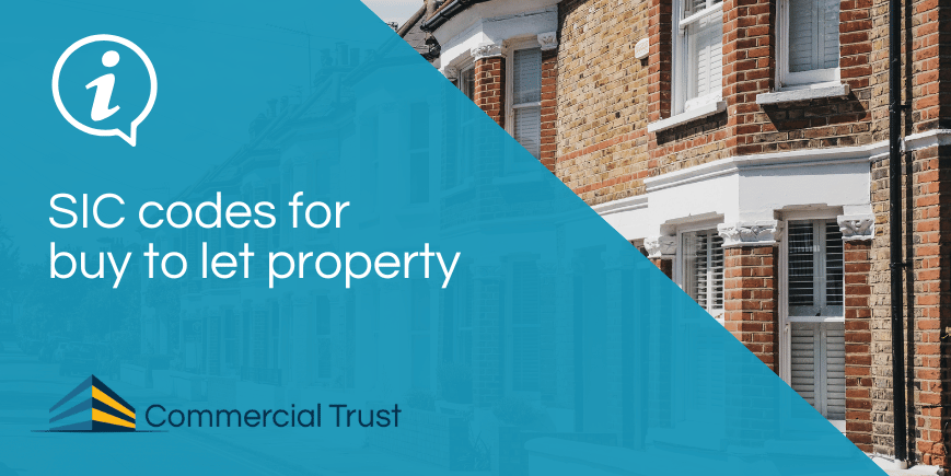 Blue banner with text "SIC codes for buy to let property" in front of red brick terrace house with white shutters in the window