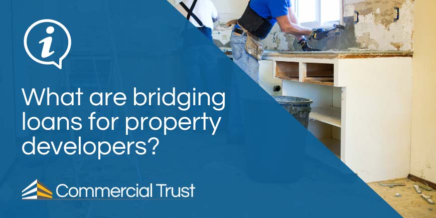 "What are bridging loans for property developers" text on blue banner with two people renovating a kitchen behind
