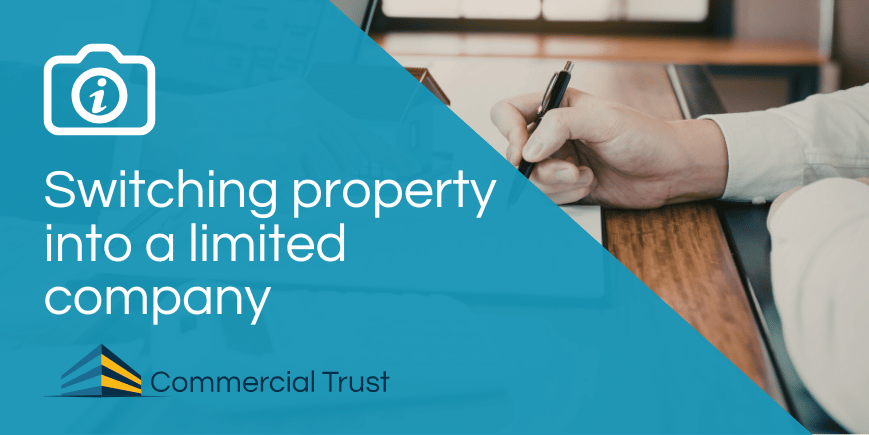 Blue banner with text "Switching property into a limited company" behind is a photo of someone signing a document