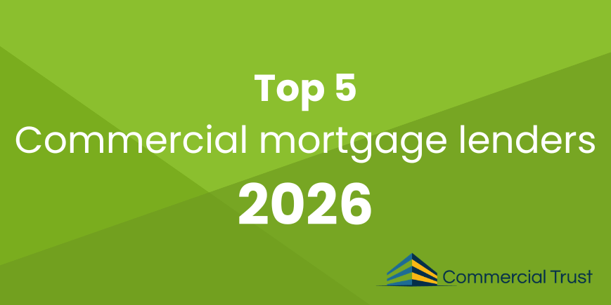 Geometric green shapes in the background with white text "Top 5 commercial mortgage lenders 2026"