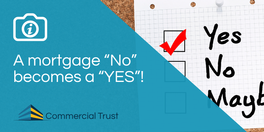 Blue banner with text "A mortgage 'No' becomes a 'Yes'" with an image of a piece of paper with three checkboxes labelled 'Yes', 'No', 'Maybe', the 'Yes' box is ticked