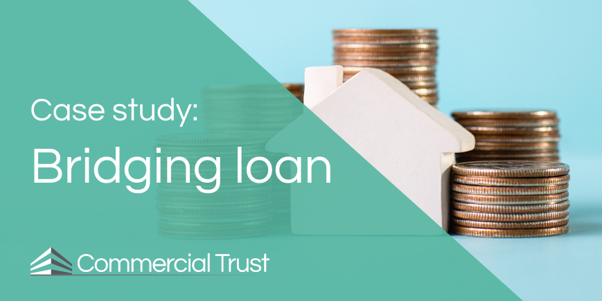 Diagonal teal banner with white text saying 'Case study: Bridging loan' and picture of coins and a model house in background