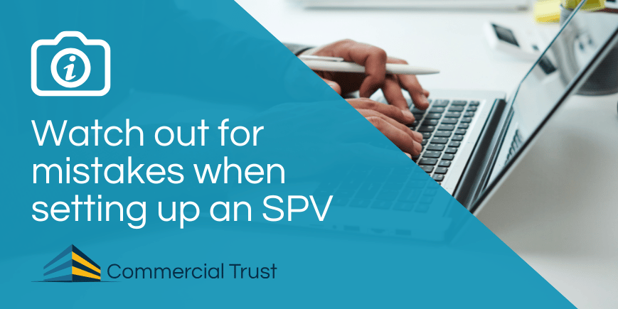 Blue banner with text "Watch out for mistakes when setting up an SPV" behind is a photo of someone working on a laptop