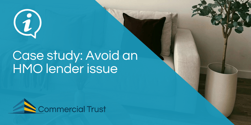 Blue banner with white text "Case study: Avoid an HMO lender issue" in front of a photo of a living room in a house