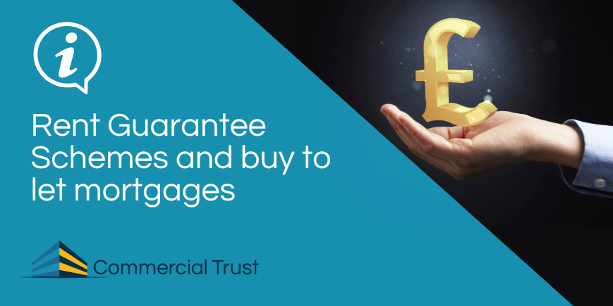 Blue banner with the text "Rent Guarantee Schemes and buy to let mortgages" in white text in front of a cupped hand, a gold pound sign is floating above it
