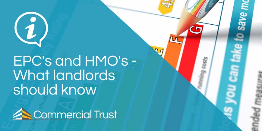 Blue banner with "EPCs and HMOs - what landlords should know" in front of an Energy Performance Certificate