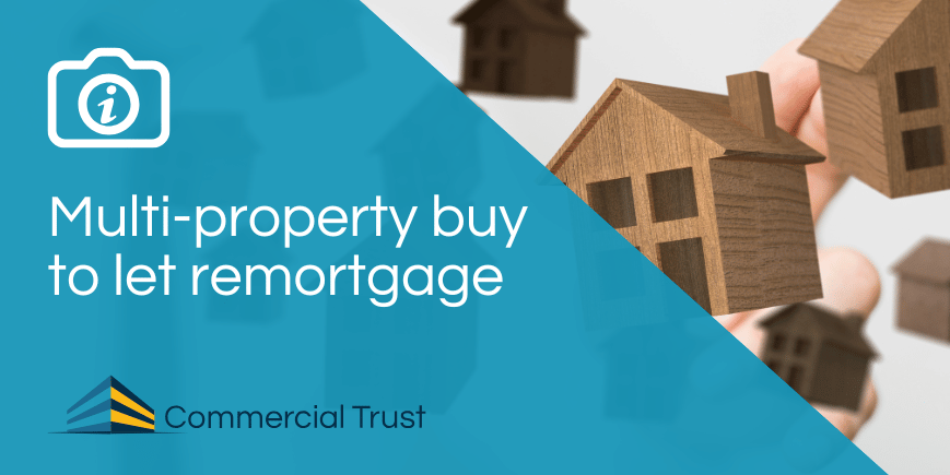 Blue banner with text "Multi-property buy to let remortgage" in front of a photograph of multiple moels of houses floating in the air