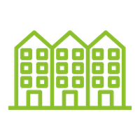 Green icon of three large houses with multiple rooms