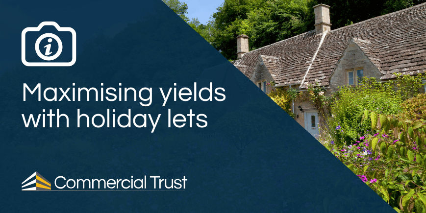 Navy blue banner with text "Maximising yields with holiday lets" overlaying a photograph of a traditional English cottage and cottage garden