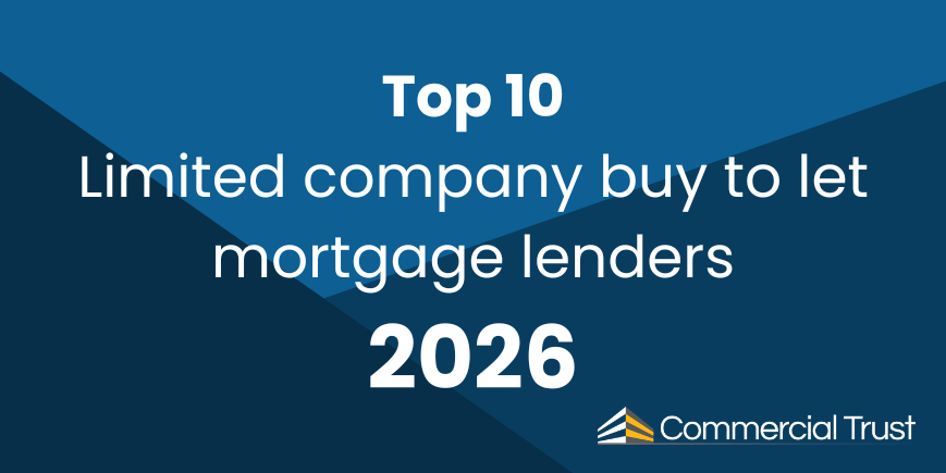 Geometric blue shapes in the background with white text "Top 10 limited company buy to let mortgage lenders 2026"