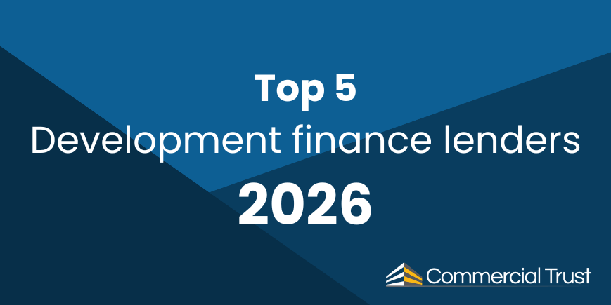 Geometric blue shapes in the background with white text "Top 10 development finance lenders 2026"