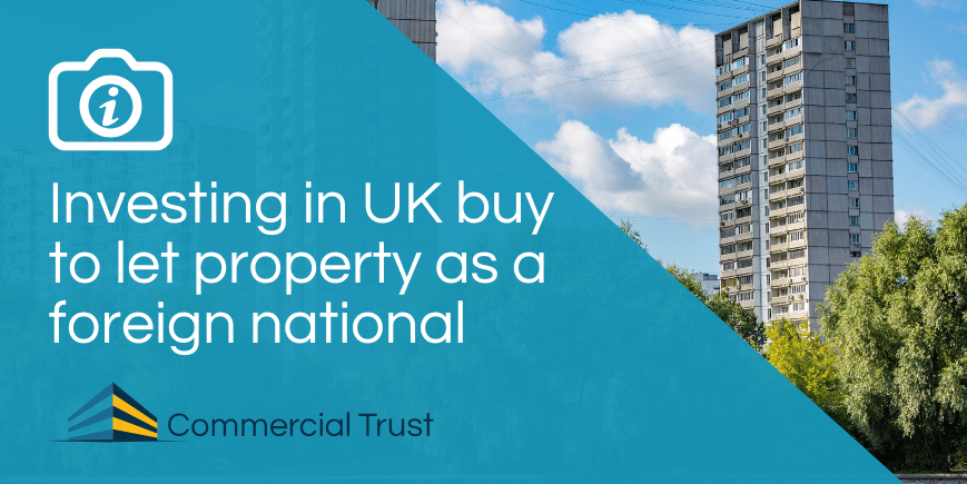 Blue banner with text "Investing in UK buy to let property as a foreign national" with a photograph of a block of flats against a bright blue cloudy sky and trees in the foreground
