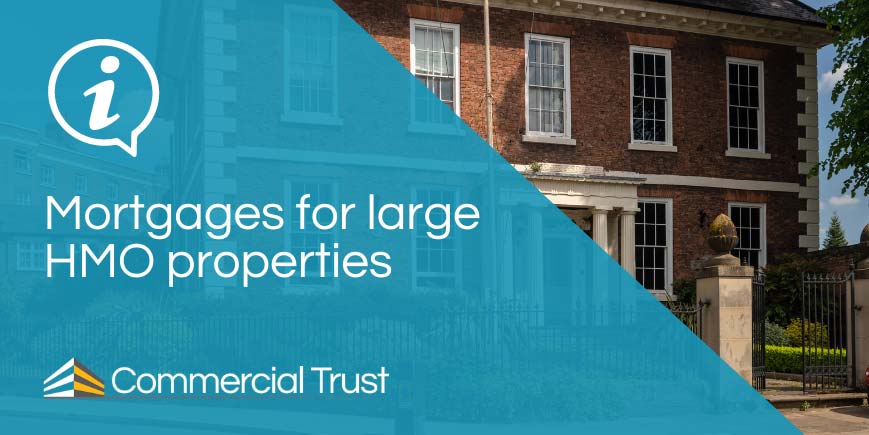 Blue banner with "Mortgages for large HMO properties" in front of a large residential property