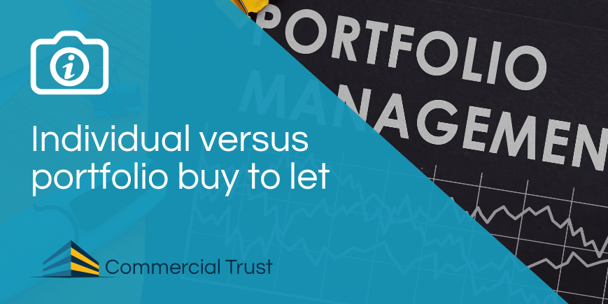 Blue banner with "Individual versus portfolio buy to let" and behind it a display board with the words "Portfolio Management" on it