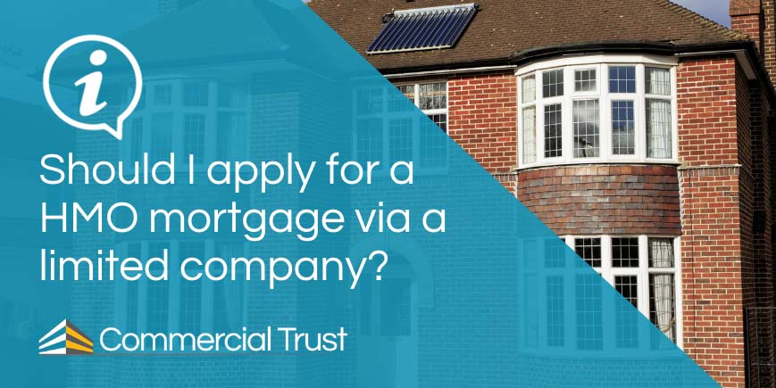 Blue banner with white text "Should I apply for a HMO mortgage via a limited company" in front of a large red brick house