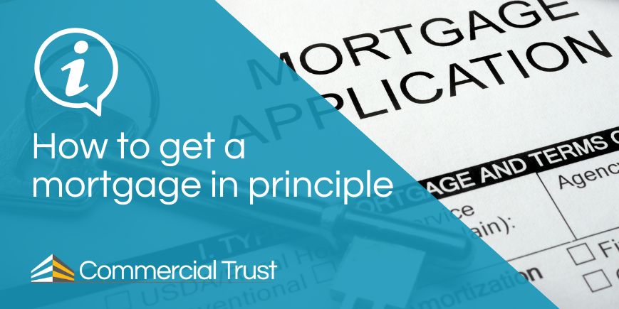 Blue banner with text: How to get a mortgage in principle, with picture of a mortgage application behind
