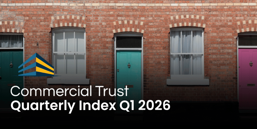 Image of a terrace of UK houses, with green and pink front doors and text which reads "Commercial Trust Quarterly Index Q1 2026"