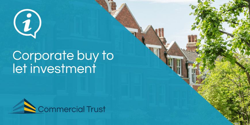 Blue banner with text "Corporate buy to let investment" in white, in front of leafy street of red brick Victorian terrace town houses