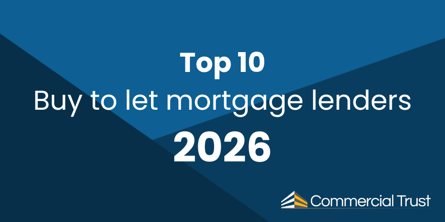 Geometric blue shapes in the background with white text "Top 10 buy to let mortgage lenders 2026"
