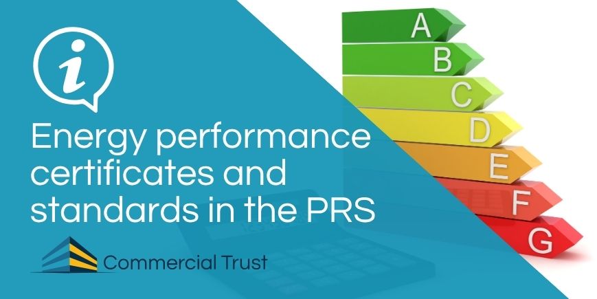 Blue banner with the words "Energy performance certificates and standards in the PRS" with a line chart illustrating the A-G ratings in green, yellow and red