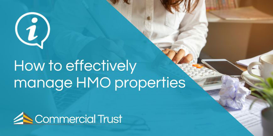 Banner "How to effectively manage HMO properties" in front of woman at a desk with her calculator and phone