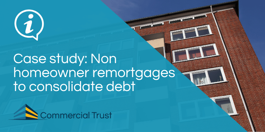 Blue banner with white text "Non homeowner remortgages to consolidate debt" with brick built block of flats in the background