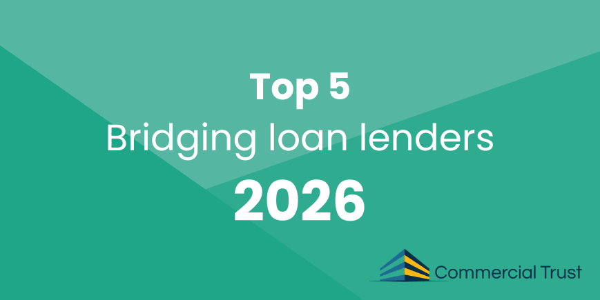 Geometric teal shapes in the background with white text "Top 5 bridging loan lenders 2026"