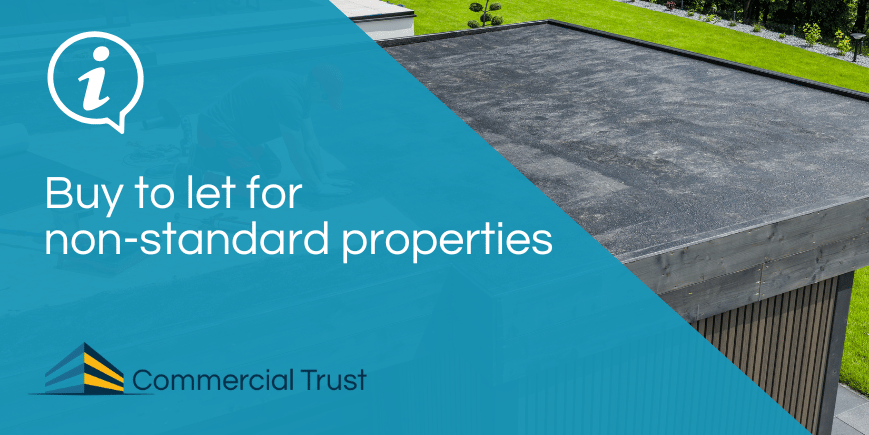 Blue banners with text "Buy to let for non-standard properties" infront of a flat roof house with lawn in the background