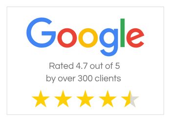Google logo with text "Rated 4.7 out of 5 by over 300 clients and 4.7 yellow stars