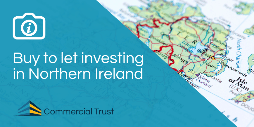 Blue banner with text "Buy to let investing in Northern Ireland" in front of paper map of Northern Ireland