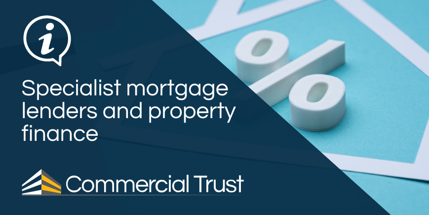Specialist mortgage lenders and property finance on navy blue banner with outline drawing of house and percent symbol in the background