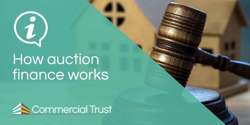 Teal banner, white text " How auction finance works" with image of gavel behind