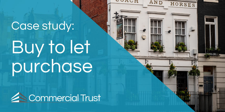 Blue banner with text "Case study: Buy to let purchase" in front of city centre property