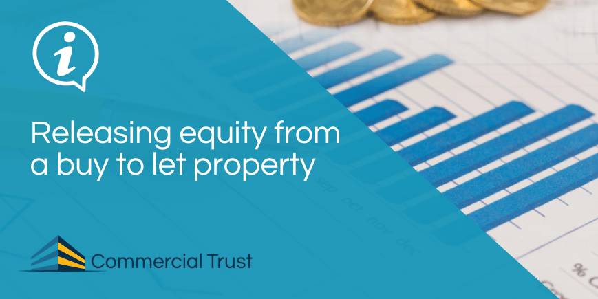 Blue banner with text "Releasing equity from a buy to let property" behind which is a graph and some coins