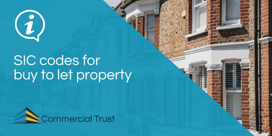 Blue banner with text "SIC codes for buy to let property" in front of red brick terrace house with white shutters in the window