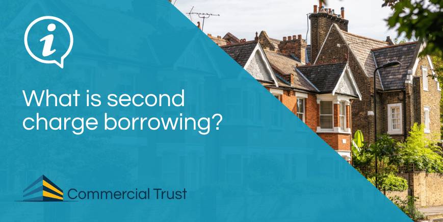 Blue banner with text "What is second charge borrowing?" in front of houses in a street