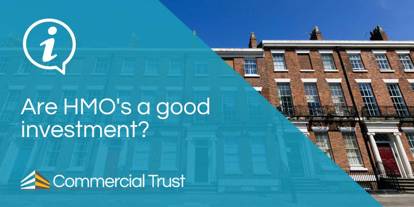 Blue banner with "Are HMO's a good investment?" in front of a 3 storey brick residential terrace