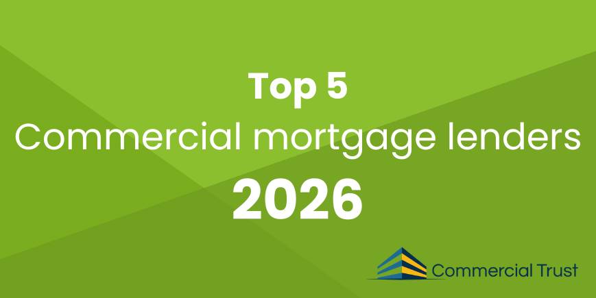 Geometric green shapes in the background with white text "Top 5 commercial mortgage lenders 2026"