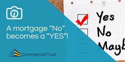Blue banner with text "A mortgage 'No' becomes a 'Yes'" with an image of a piece of paper with three checkboxes labelled 'Yes', 'No', 'Maybe', the 'Yes' box is ticked