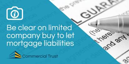 Blue banner with text "Be clear on limited company buy to let mortgage liabilities" and a piece of paper with the words "personal guarantee" behind and a pen
