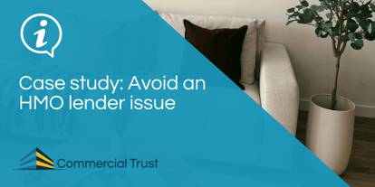 Blue banner with white text "Case study: Avoid an HMO lender issue" in front of a photo of a living room in a house