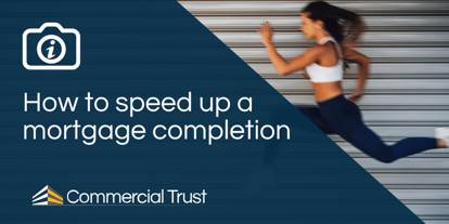 Navy blue banner with the words "How to speed up a mortgage completion" infront of a sportsperson running fast past a building