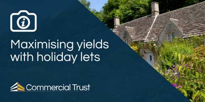 Navy blue banner with text "Maximising yields with holiday lets" overlaying a photograph of a traditional English cottage and cottage garden