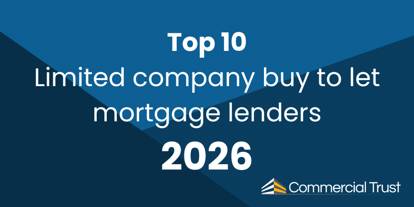 Geometric blue shapes in the background with white text "Top 10 limited company buy to let mortgage lenders 2026"